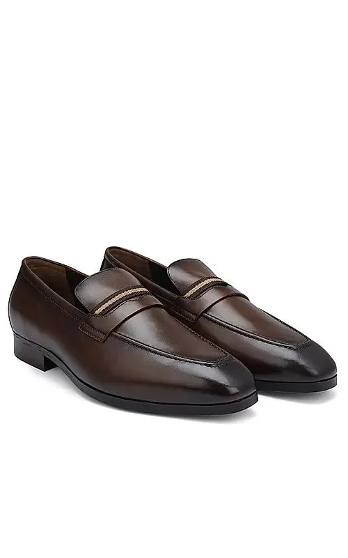 Brown Striped Leather Loafers