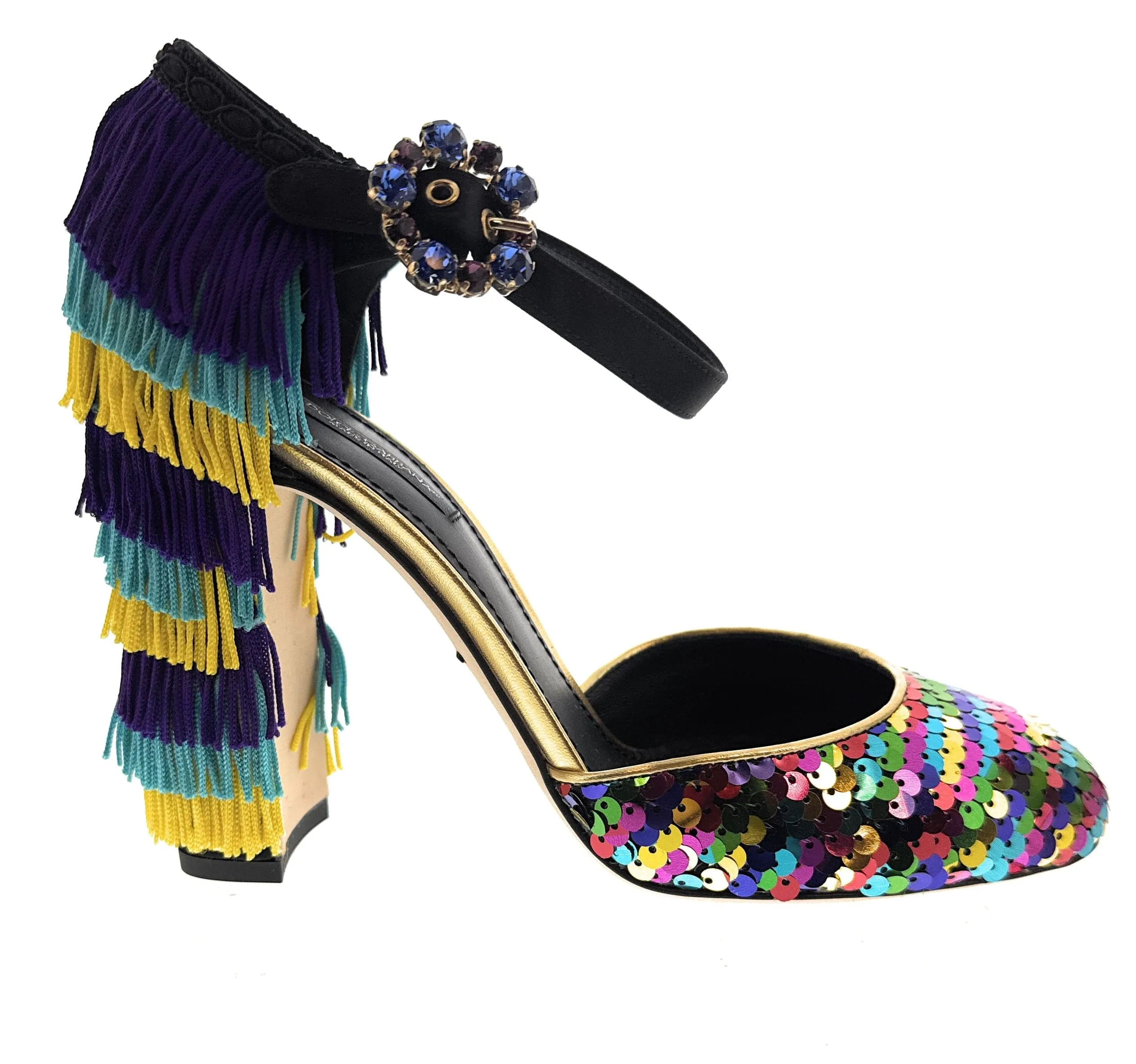 Dolce & Gabbana Multicolor Gold Rainbow SequinFringe Block Heels-EU38.5