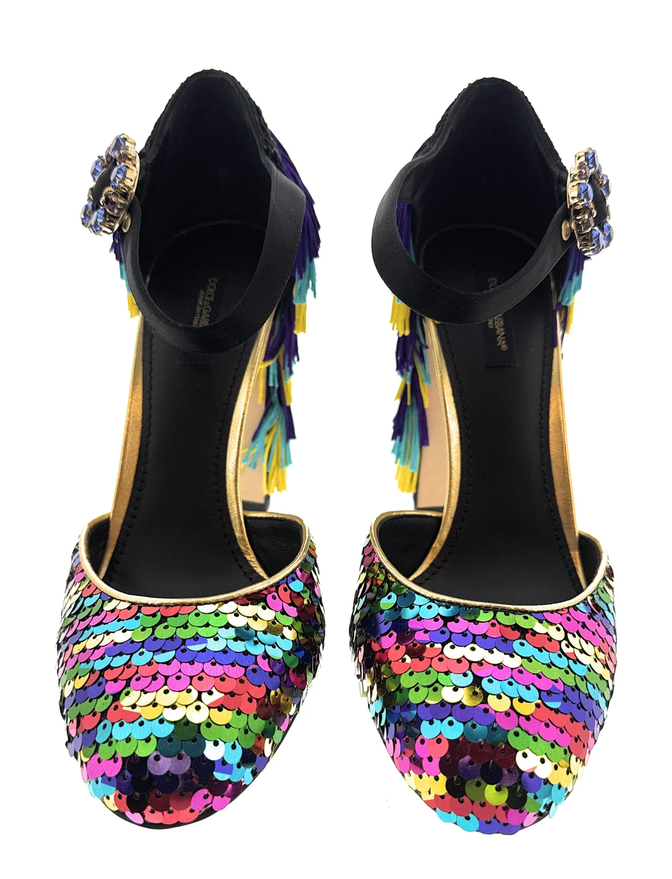 Dolce & Gabbana Multicolor Gold Rainbow SequinFringe Block Heels-EU38.5