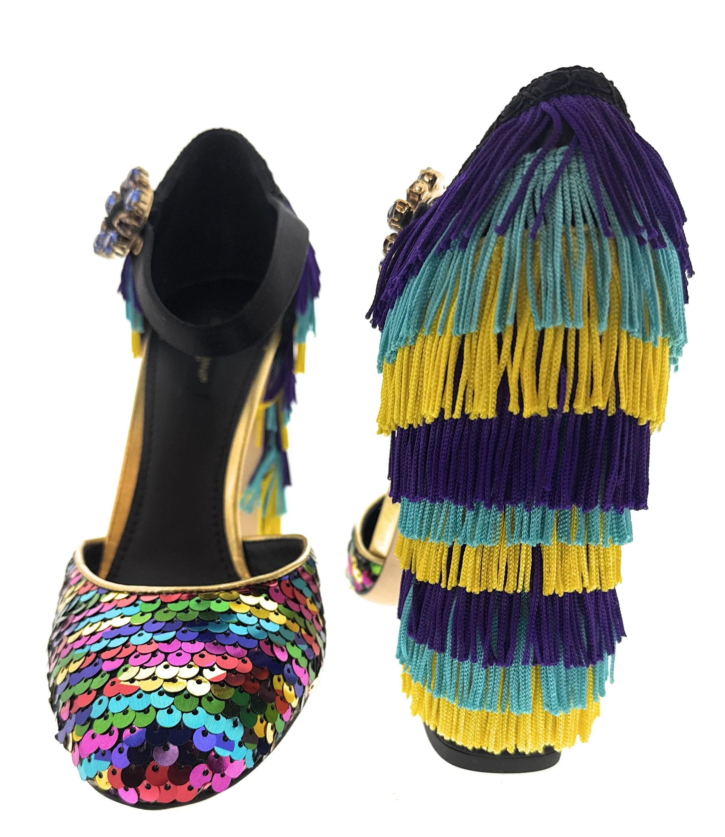 Dolce & Gabbana Multicolor Gold Rainbow SequinFringe Block Heels-EU38.5