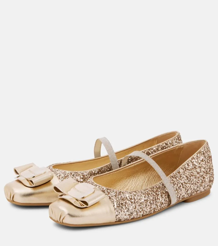 Ferragamo Zina leather-trimmed glitter ballet flats