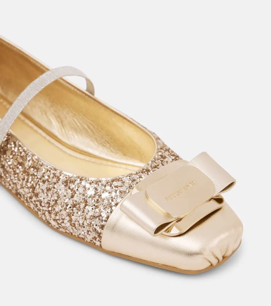 Ferragamo Zina leather-trimmed glitter ballet flats