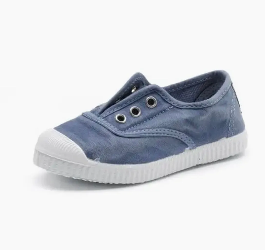 Washed Denim Canvas Laceless Sneakers